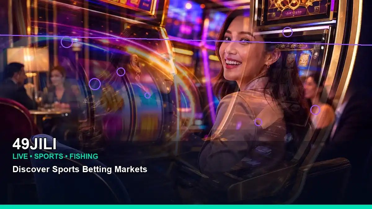 49JILI fantasy online slot games featuring an adult Filipina casino host with a layered collage composition