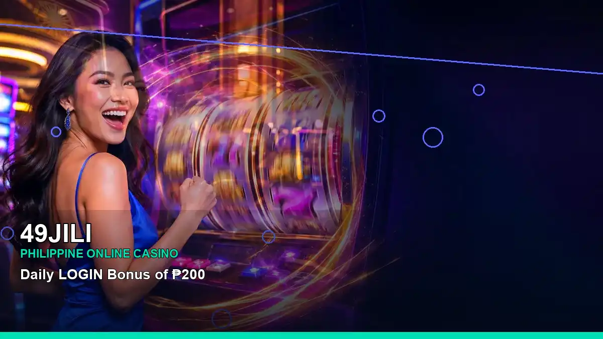 49JILI night online slot games featuring an adult Filipina casino host with a left-framed composition